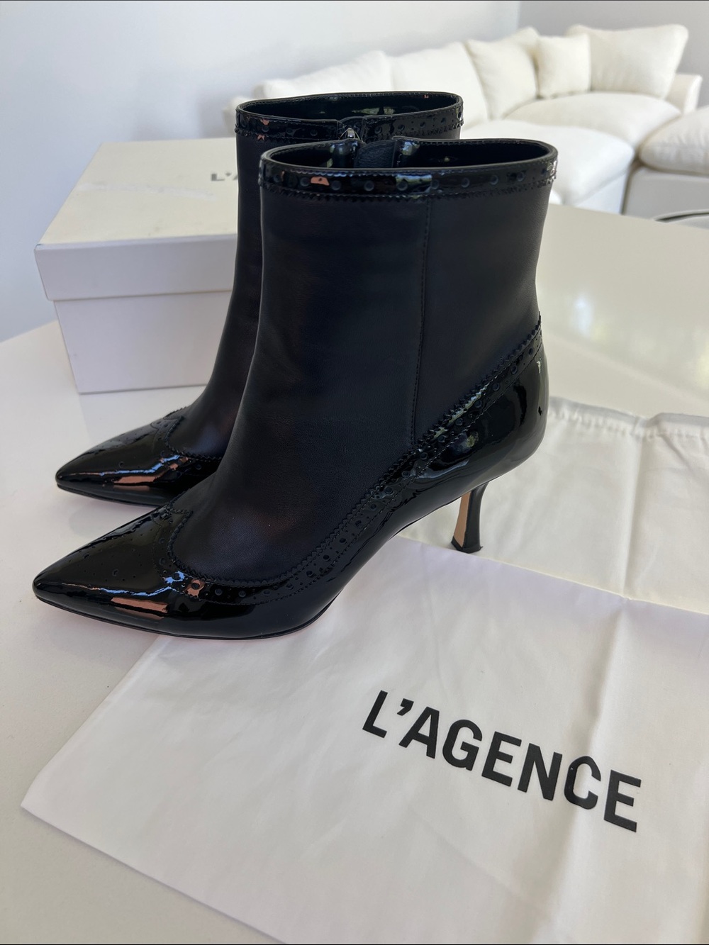 L’AGENCE ember black leather and patent pointed toe booties ankle boots 8